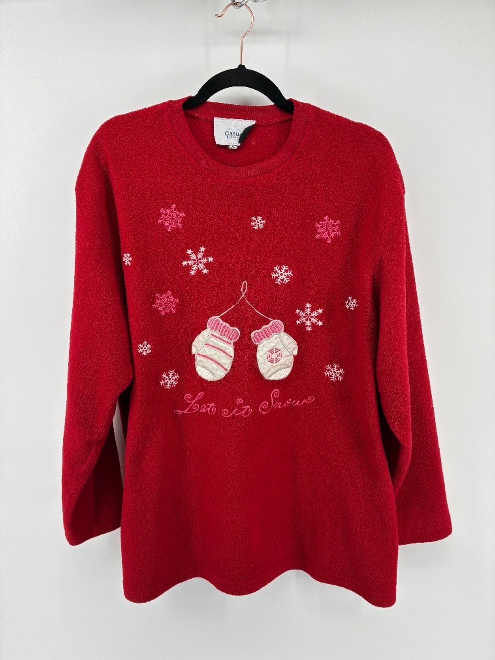 LET IT SNOW Vintage Red Sweater with Snowflake and Mitten Design